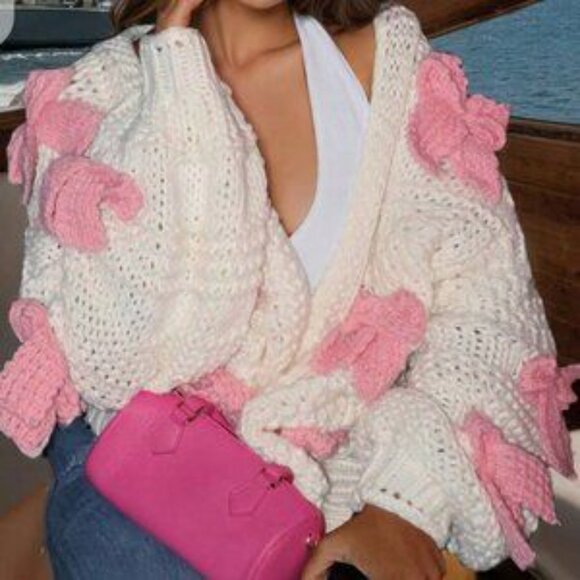 Shabby Chic Cute Women's bow detailed Soft Chunky Knit open front Cardigan - Picture 3 of 10